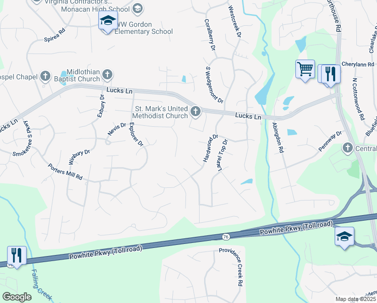 map of restaurants, bars, coffee shops, grocery stores, and more near 1401 Havens Oak Circle in Midlothian