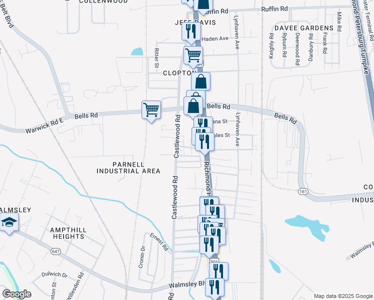 map of restaurants, bars, coffee shops, grocery stores, and more near 4101 Tyrone Street in Richmond