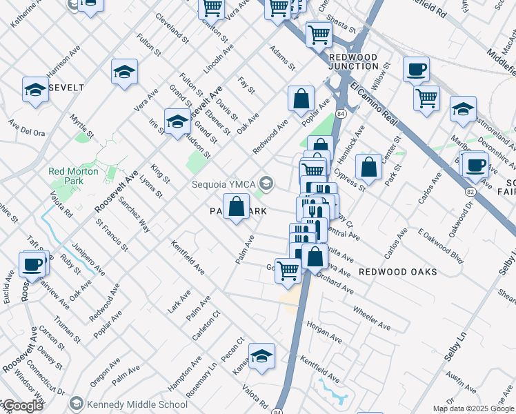 map of restaurants, bars, coffee shops, grocery stores, and more near 1458 Hudson Street in Redwood City