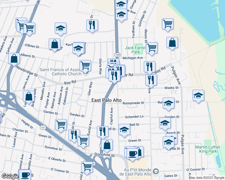 map of restaurants, bars, coffee shops, grocery stores, and more near 2364 University Avenue in Palo Alto