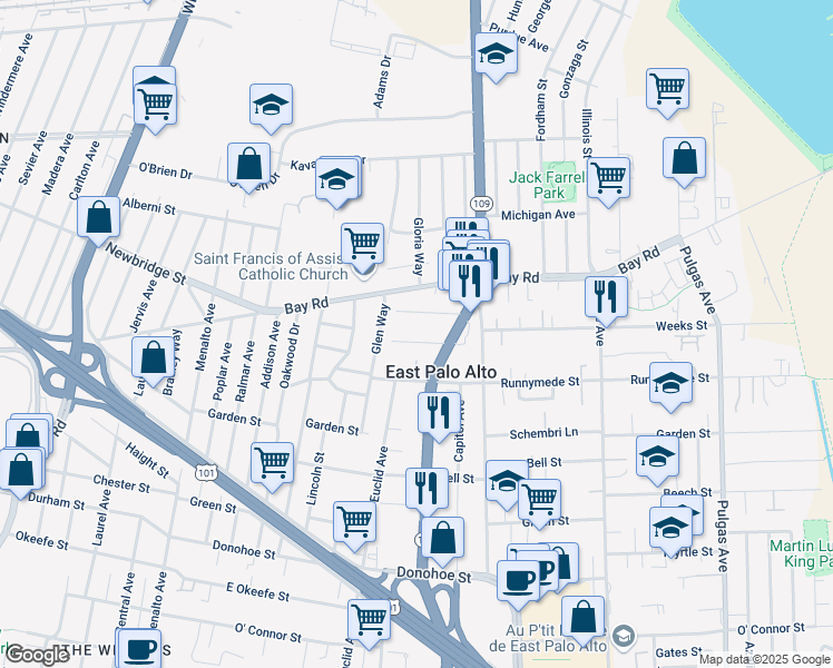 map of restaurants, bars, coffee shops, grocery stores, and more near 543 Sacramento Street in East Palo Alto