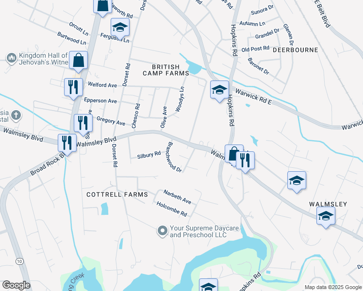 map of restaurants, bars, coffee shops, grocery stores, and more near 4109 Walmsley Boulevard in Richmond