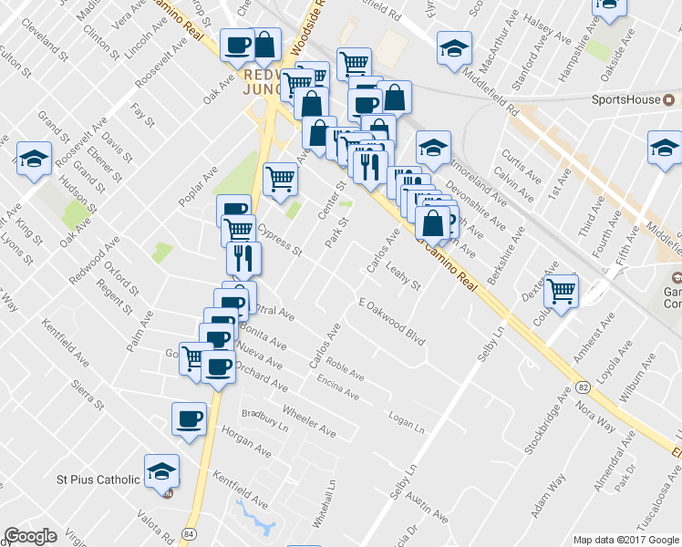 map of restaurants, bars, coffee shops, grocery stores, and more near 503 Cypress Street in Redwood City