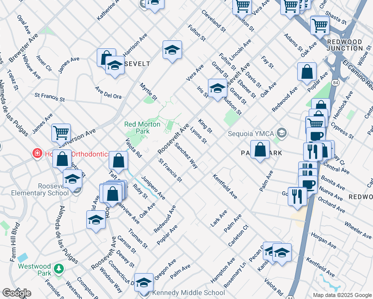 map of restaurants, bars, coffee shops, grocery stores, and more near 1151 Sanchez Way in Redwood City