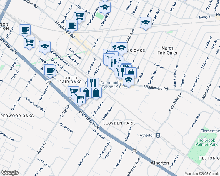 map of restaurants, bars, coffee shops, grocery stores, and more near 218 Semicircular Road in Menlo Park