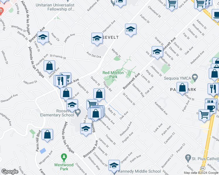 map of restaurants, bars, coffee shops, grocery stores, and more near 967 Valota Road in Redwood City