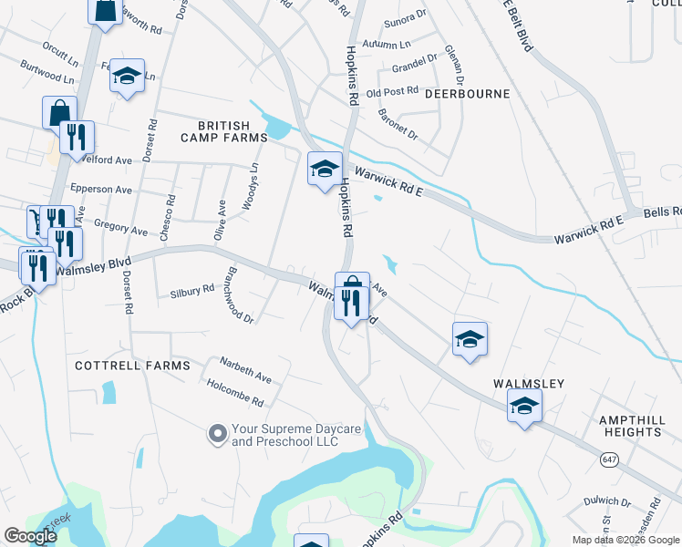 map of restaurants, bars, coffee shops, grocery stores, and more near 3798 State Route 637 in Richmond