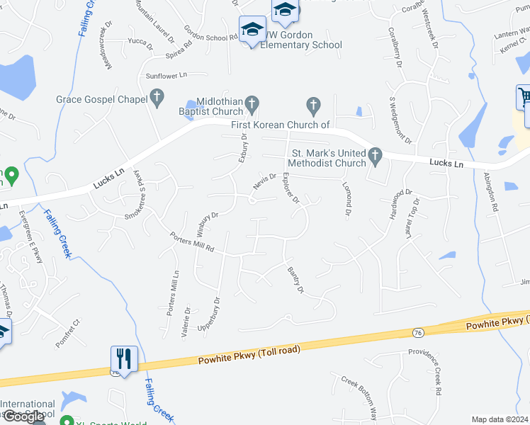 map of restaurants, bars, coffee shops, grocery stores, and more near 11714 Marigold Court in Midlothian