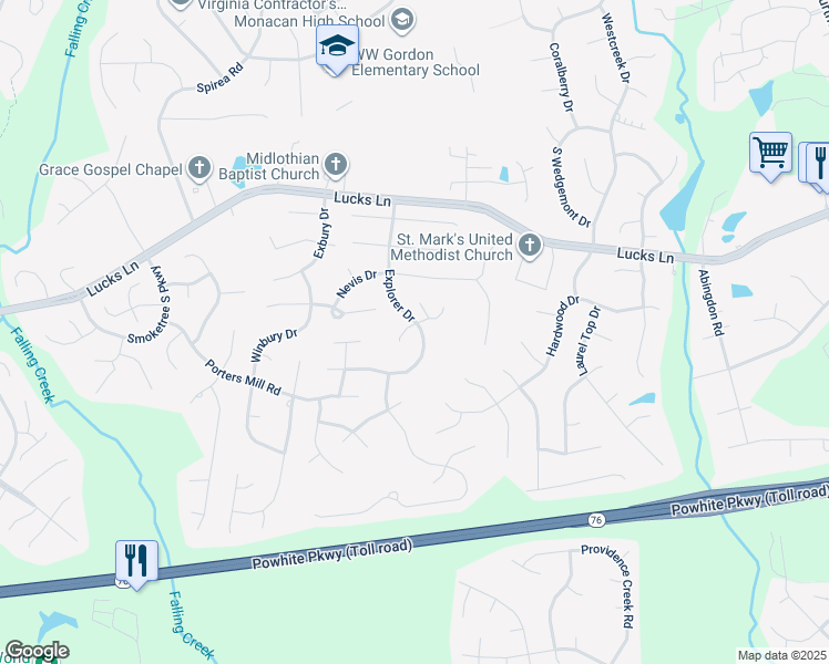 map of restaurants, bars, coffee shops, grocery stores, and more near 11600 Explorer Drive in Midlothian