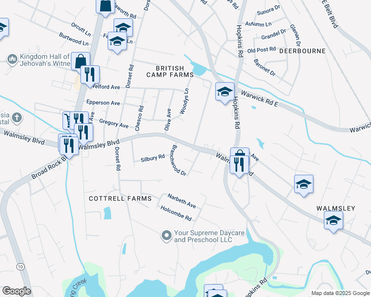 map of restaurants, bars, coffee shops, grocery stores, and more near 4109 Walmsley Boulevard in Richmond