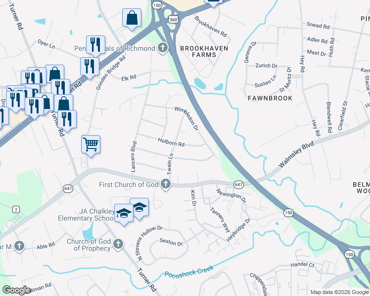 map of restaurants, bars, coffee shops, grocery stores, and more near 6455 Holborn Road in Richmond
