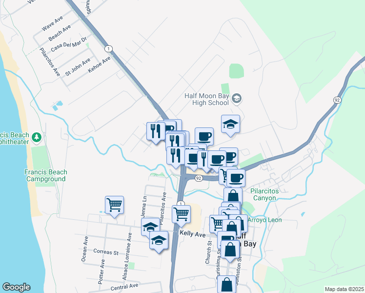 map of restaurants, bars, coffee shops, grocery stores, and more near 2 Main Street in Half Moon Bay