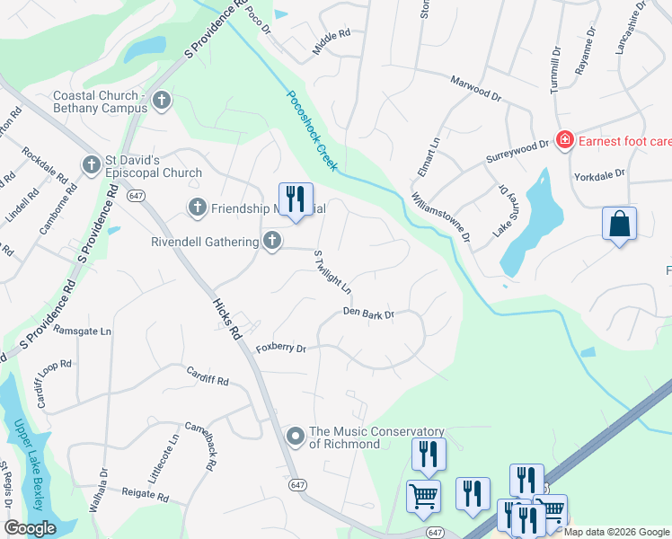 map of restaurants, bars, coffee shops, grocery stores, and more near 2117 South Twilight Lane in Richmond