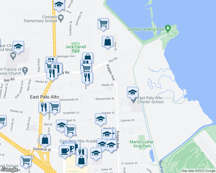 map of restaurants, bars, coffee shops, grocery stores, and more near 1058 Weeks Street in East Palo Alto