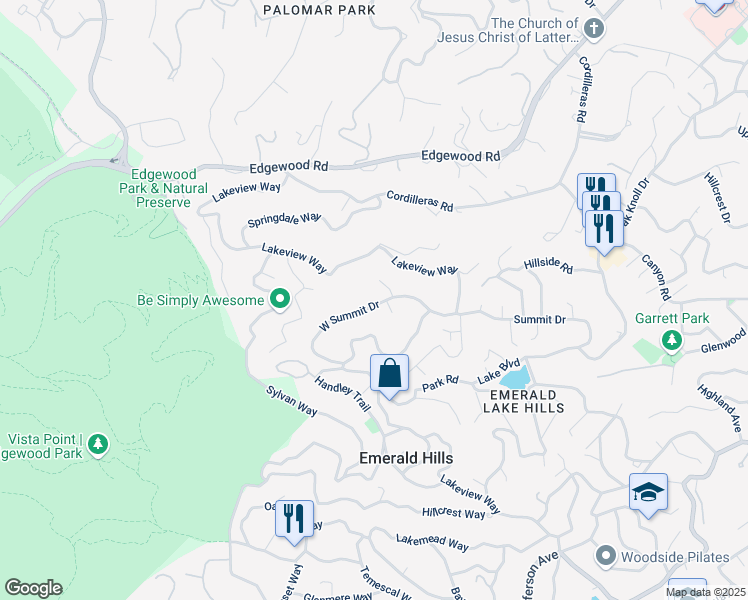 map of restaurants, bars, coffee shops, grocery stores, and more near 24 West Summit Drive in Emerald Hills
