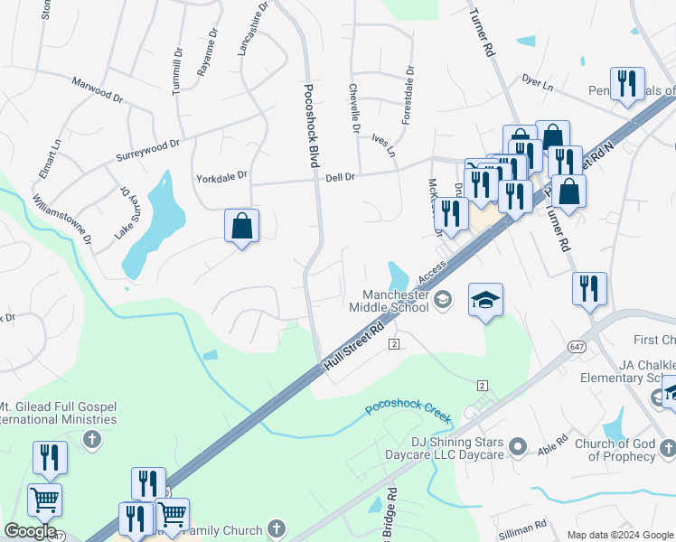 map of restaurants, bars, coffee shops, grocery stores, and more near 7618 Sandler Drive in North Chesterfield