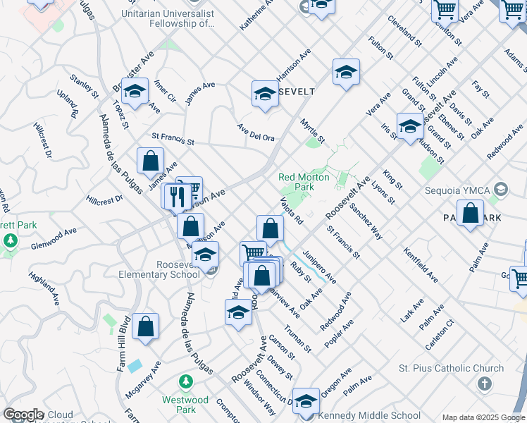 map of restaurants, bars, coffee shops, grocery stores, and more near 1718 Vera Avenue in Redwood City
