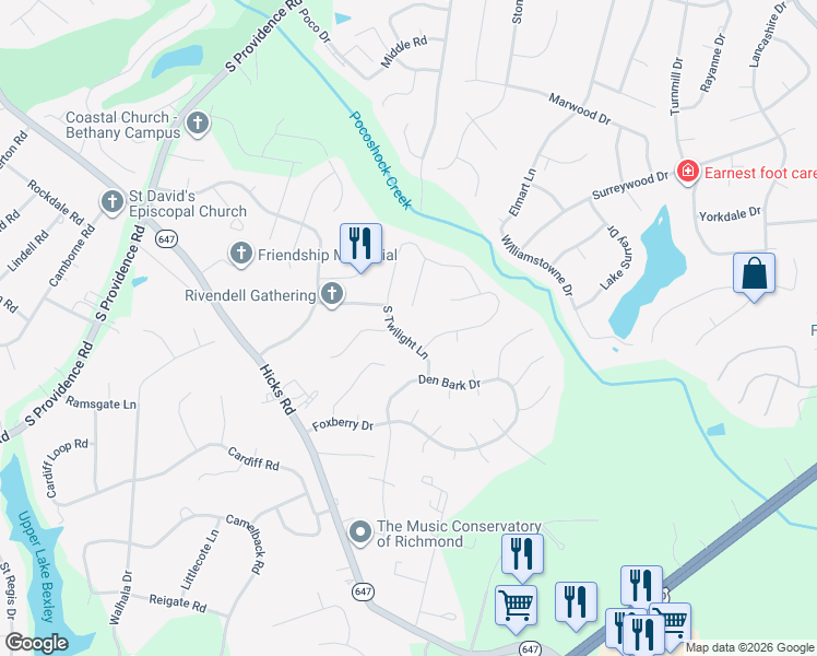 map of restaurants, bars, coffee shops, grocery stores, and more near 2117 South Twilight Lane in Richmond
