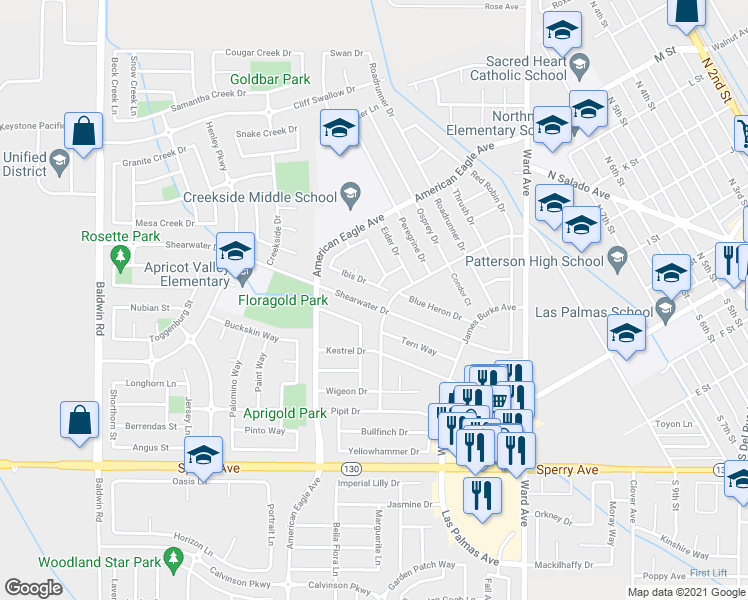 map of restaurants, bars, coffee shops, grocery stores, and more near 1209 Shearwater Drive in Patterson