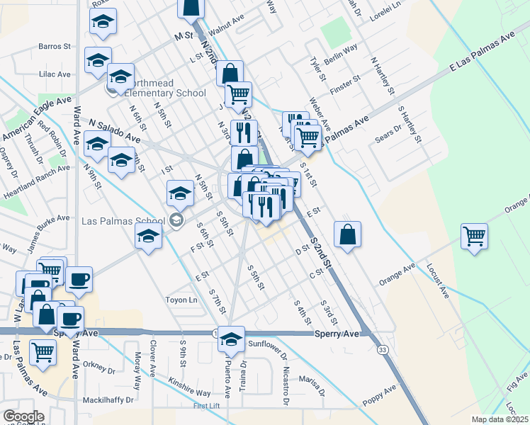 map of restaurants, bars, coffee shops, grocery stores, and more near 53 South 3rd Street in Patterson