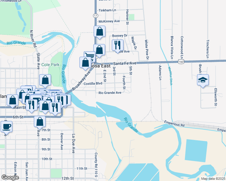 map of restaurants, bars, coffee shops, grocery stores, and more near 269 Rio Grande Avenue in Alamosa