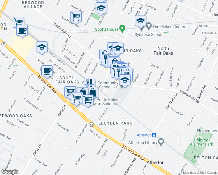 map of restaurants, bars, coffee shops, grocery stores, and more near 218 Semicircular Road in Menlo Park