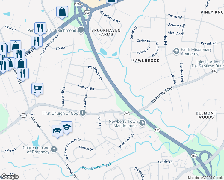 map of restaurants, bars, coffee shops, grocery stores, and more near 6310 Wimbledon Drive in Richmond