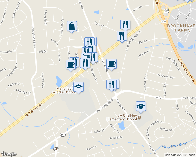 map of restaurants, bars, coffee shops, grocery stores, and more near 2601 Wayside Drive in Richmond