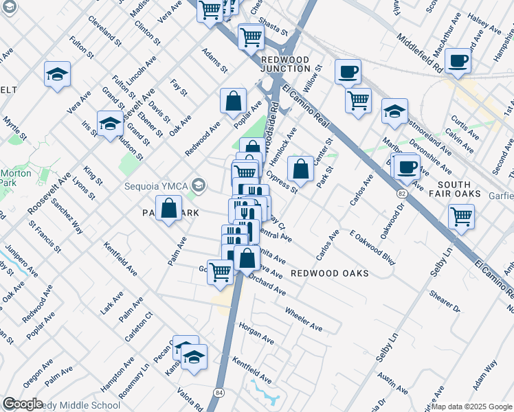 map of restaurants, bars, coffee shops, grocery stores, and more near 507 Woodside Road in Redwood City
