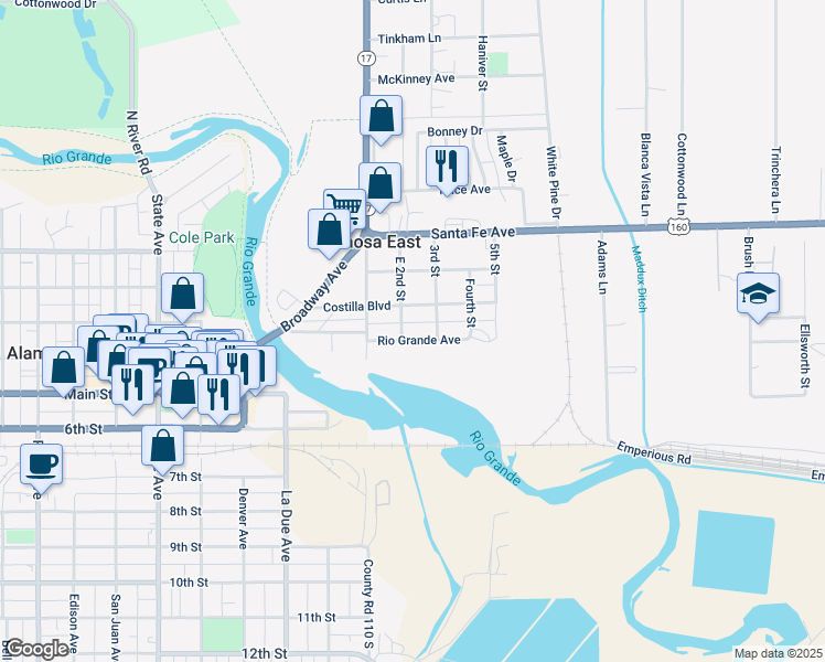 map of restaurants, bars, coffee shops, grocery stores, and more near 269-299 Rio Grande Avenue in Alamosa
