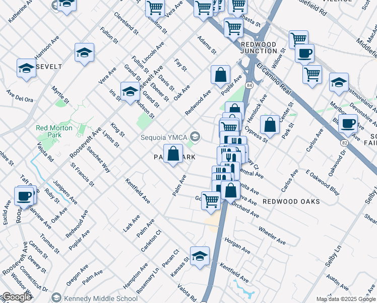 map of restaurants, bars, coffee shops, grocery stores, and more near 1458 Hudson Street in Redwood City