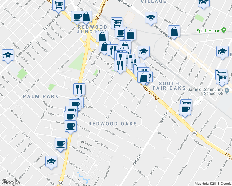 map of restaurants, bars, coffee shops, grocery stores, and more near 503 West Fox Court in Redwood City