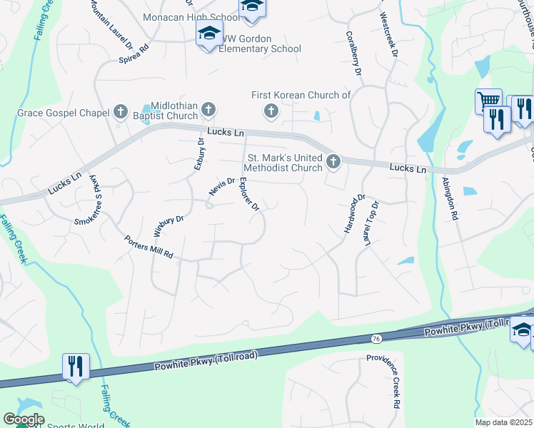 map of restaurants, bars, coffee shops, grocery stores, and more near 11737 Moven Drive in Midlothian