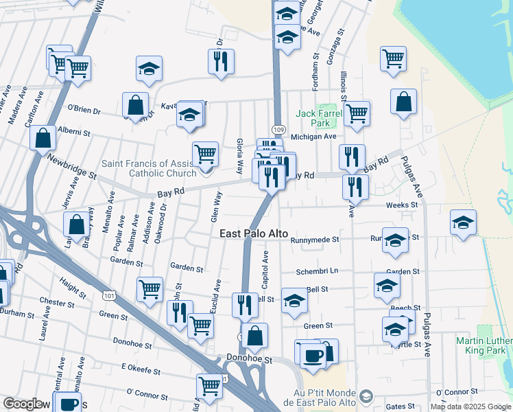 map of restaurants, bars, coffee shops, grocery stores, and more near 2364 University Avenue in Palo Alto