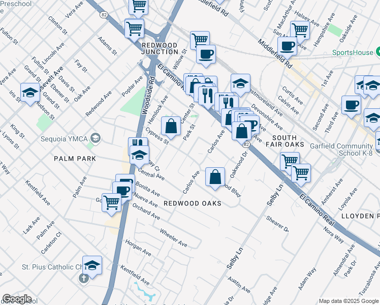 map of restaurants, bars, coffee shops, grocery stores, and more near 503 Cypress Street in Redwood City