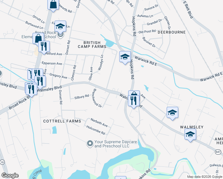 map of restaurants, bars, coffee shops, grocery stores, and more near 4075 Walmsley Boulevard in Richmond