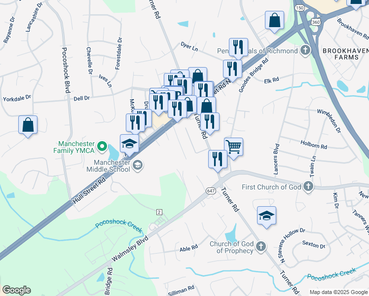 map of restaurants, bars, coffee shops, grocery stores, and more near 2601 Wayside Drive in Richmond