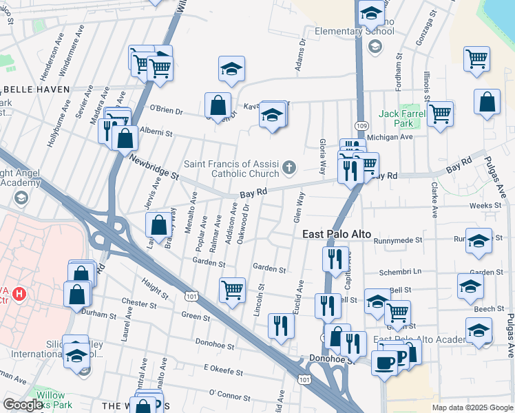 map of restaurants, bars, coffee shops, grocery stores, and more near 2387 Dumbarton Avenue in East Palo Alto