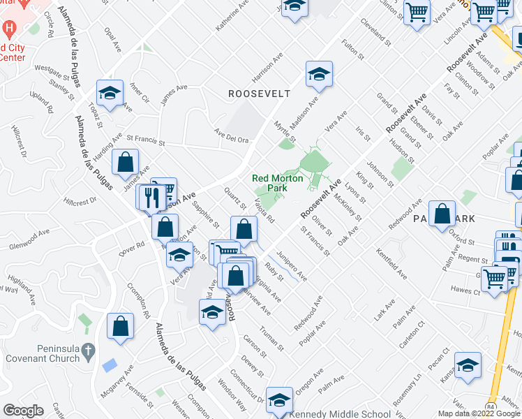 map of restaurants, bars, coffee shops, grocery stores, and more near 967 Valota Road in Redwood City