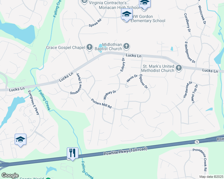 map of restaurants, bars, coffee shops, grocery stores, and more near 1538 Winbury Drive in Midlothian