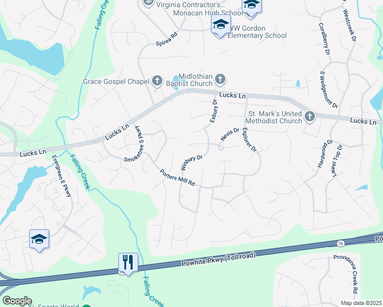 map of restaurants, bars, coffee shops, grocery stores, and more near 1544 Winbury Drive in Midlothian