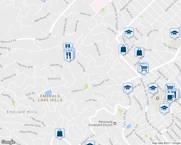 map of restaurants, bars, coffee shops, grocery stores, and more near 723 Canyon Road in Redwood City