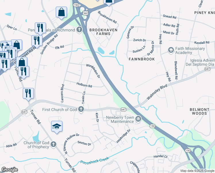 map of restaurants, bars, coffee shops, grocery stores, and more near 6310 Wimbledon Drive in Richmond