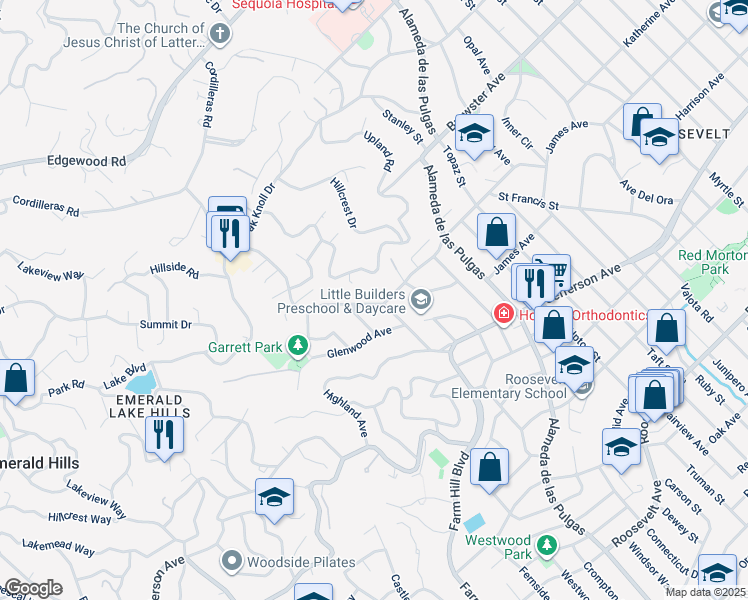 map of restaurants, bars, coffee shops, grocery stores, and more near 795 Canyon Road in Redwood City