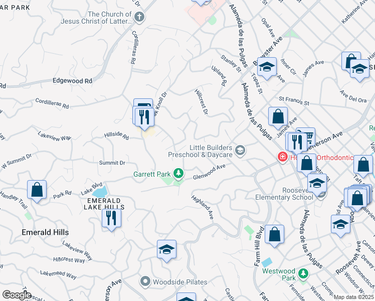 map of restaurants, bars, coffee shops, grocery stores, and more near 723 Canyon Road in Redwood City