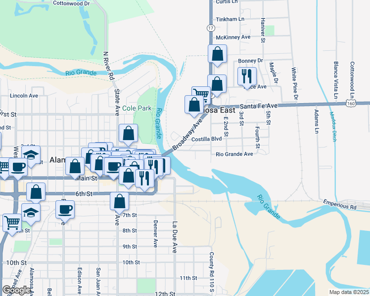 map of restaurants, bars, coffee shops, grocery stores, and more near 31 Conejos Avenue in Alamosa