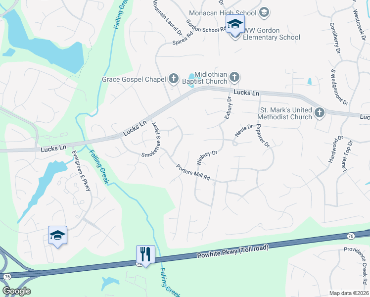 map of restaurants, bars, coffee shops, grocery stores, and more near 1412 Porters Mill Terrace in Midlothian