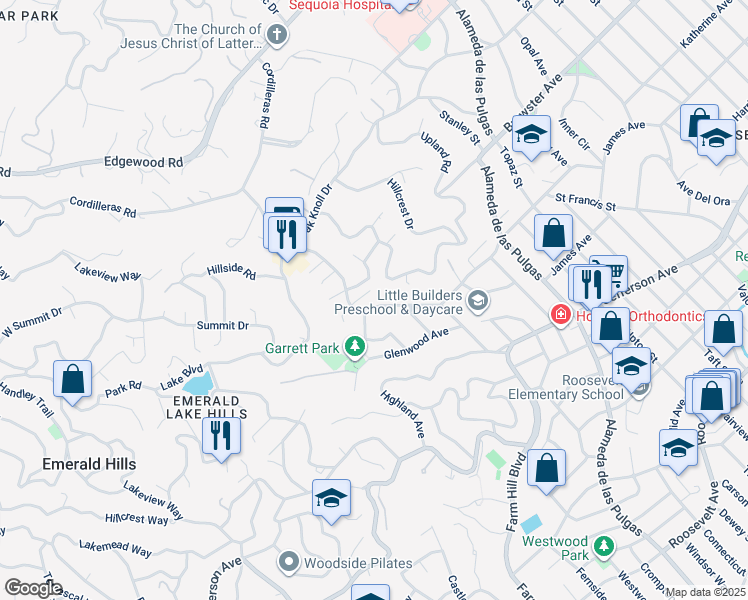 map of restaurants, bars, coffee shops, grocery stores, and more near 723 Canyon Road in Redwood City