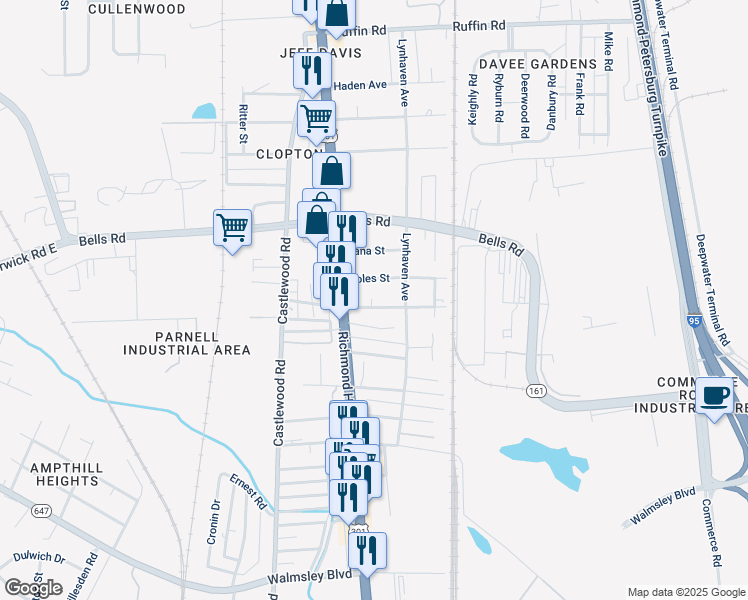 map of restaurants, bars, coffee shops, grocery stores, and more near 2515 Courtland Street in Richmond