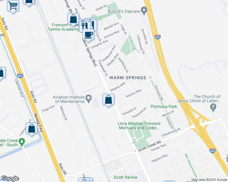map of restaurants, bars, coffee shops, grocery stores, and more near 146 Mayten Way in Fremont